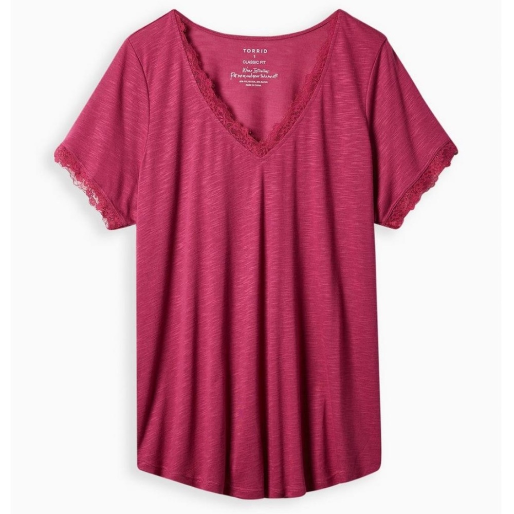 Torrid Magenta Classic Fit Feather Soft Slub Lace Trim V-Neck T-Shirt Top